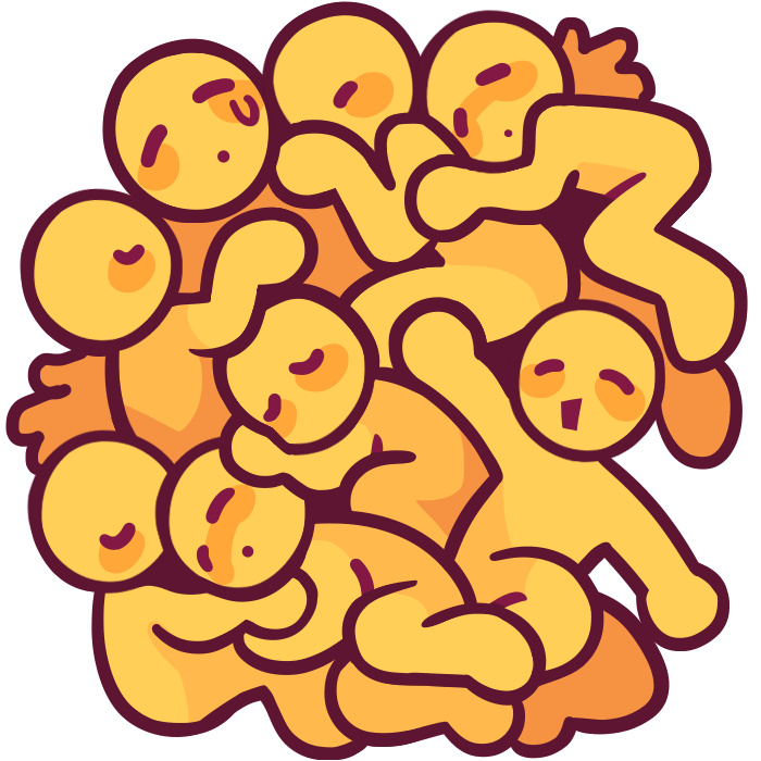 Eight yellow figures snuggled together.